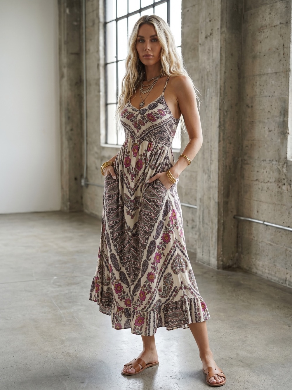 NWT Angie Smocked Bodice Midi Dress Boho Floral Print Festival Style - Picture 2 of 5